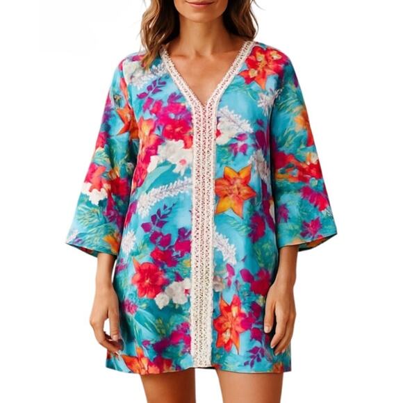 Talbots Caftan Cover Up‎ Dress Womens L Multicolor Floral Tropical Beach Swim - Picture 2 of 6